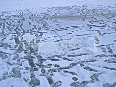 Frozen surface of lake with many prints