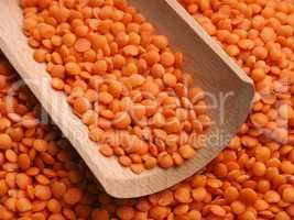 Organic red lentils on a wooden table