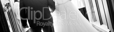 Panorama of bride and groom, in black and white