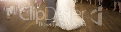 Panorama of bride and groom dancing, wedding concept