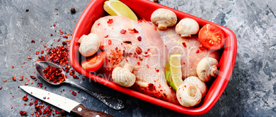 Raw chicken in baking dish