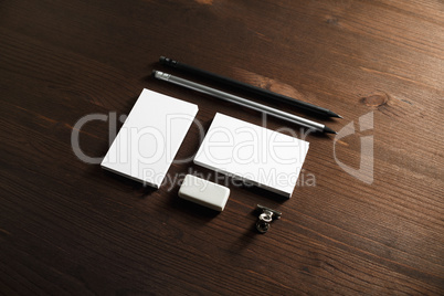Business cards, pencils, eraser