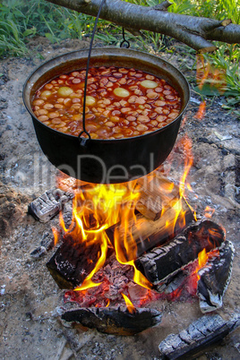 Soup cooking on the fire outdoor for camping trip.