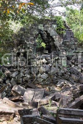 Ruins of ancient Beng Mealea Temple over jungle, Cambodia.