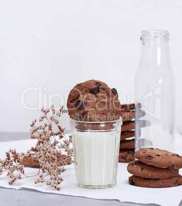 full glass of milk and round chocolate chip cookies