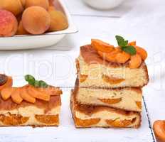 baked square pieces of cake sponges with fresh apricots