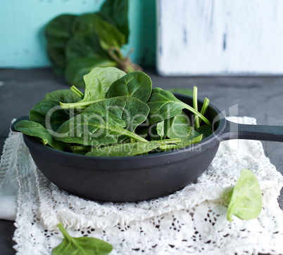 fresh green spinach in a round cast-iron frying pan