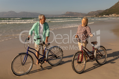 Senior couple standing with bicycle on the beach