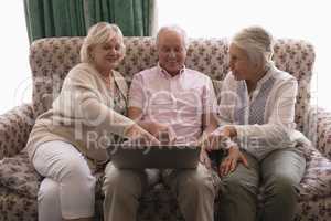 Senior people using laptop in living room