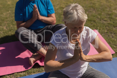 Senior woman performing yoga in the park