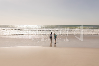 Siblings standing on beach