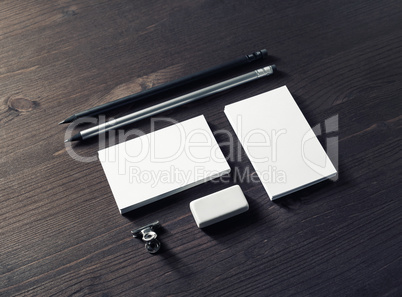 Business cards, pencils, eraser