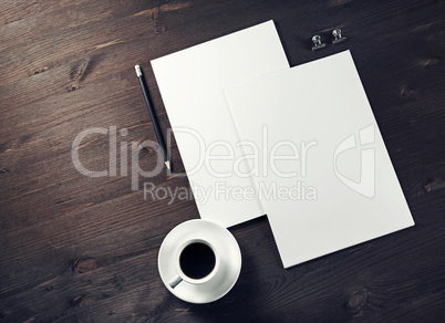 Letterheads, coffee cup, pencil