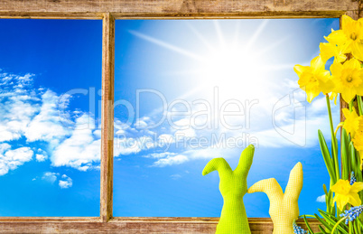 Window, Sunny Blue Sky, Easter Decoration And Narcissus Spring Flower