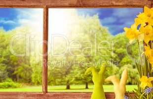 Rustic Wooden Window, Easter Bunny, Sunny Trees, Spring Flowers
