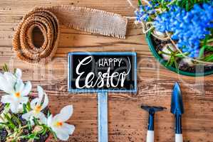 Spring Flowers, Sign, Calligraphy Happy Easter, Wooden Background
