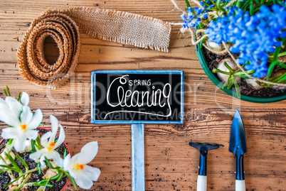 Spring Flowers, Sign, Calligraphy Spring Cleaning, Wooden Background