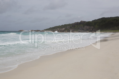 Panorama of coastline at La Dique island, Seychelles