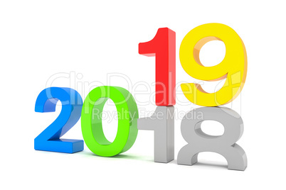 3d render of the numbers 2018 and 19 colorful over white backgro