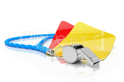 3d render - football concept - whistle - red and yellow card