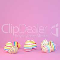 3d render - eight colorfu Easter eggs on pink background