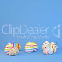 3d render - eight colorfu Easter eggs on blue background