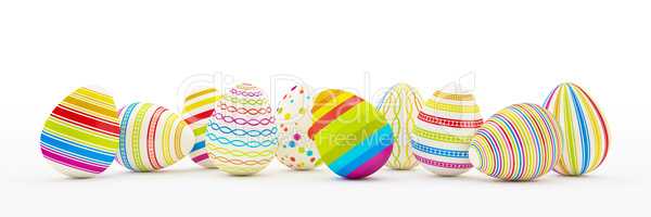 3d render - ten colorfu Easter eggs on white background