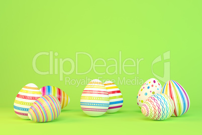 3d render - eight colorfu Easter eggs on green background