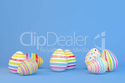 3d render - eight colorfu Easter eggs on blue background