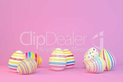 3d render - eight colorfu Easter eggs on pink background