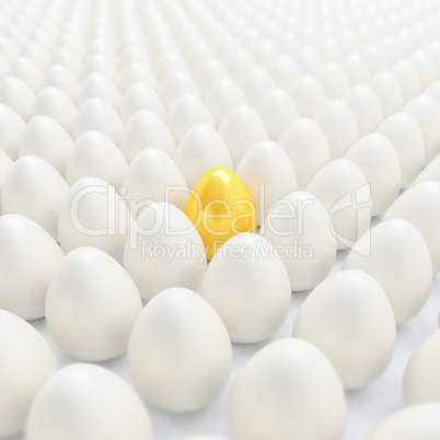 3d render - white eggs and in the middle a golden egg