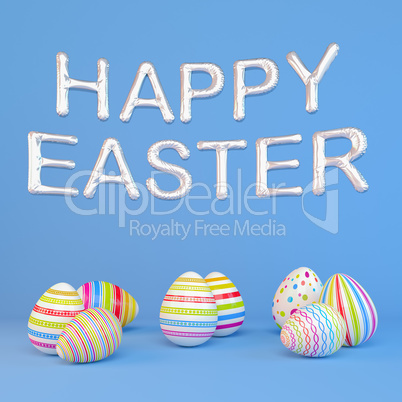 3d render - eight colorfu Easter eggs on blue background - ballo