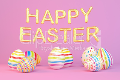 3d render - eight colorfu Easter eggs on pink background - ballo