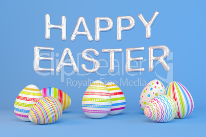 3d render - eight colorfu Easter eggs on blue background - ballo