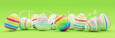 3d render - ten colorfu Easter eggs on green background