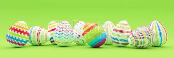 3d render - ten colorfu Easter eggs on green background