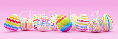 3d render - ten colorfu Easter eggs on pink background
