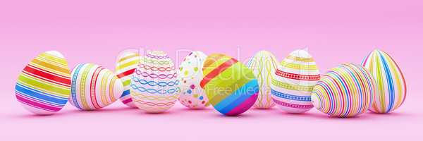 3d render - ten colorfu Easter eggs on pink background