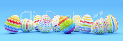 3d render - ten colorfu Easter eggs on blue background