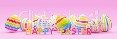 3d render - ten colorfu Easter eggs on pink background - happy e