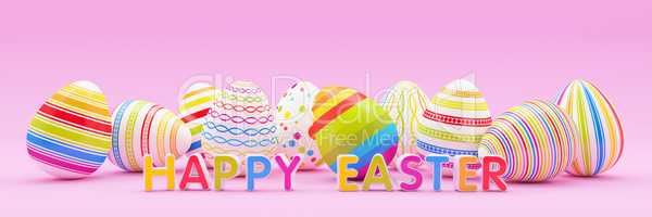 3d render - ten colorfu Easter eggs on pink background - happy e