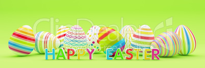 3d render - ten colorfu Easter eggs on blue background - happy e