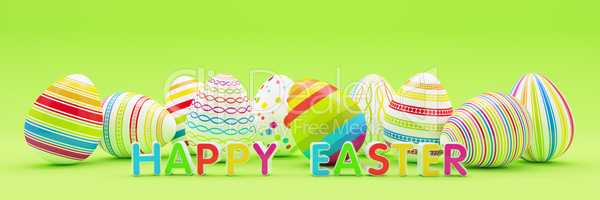 3d render - ten colorfu Easter eggs on blue background - happy e
