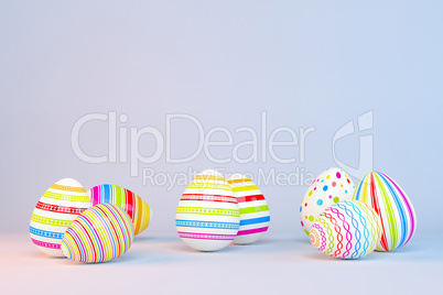 3d render - eight colorfu Easter eggs on blue background