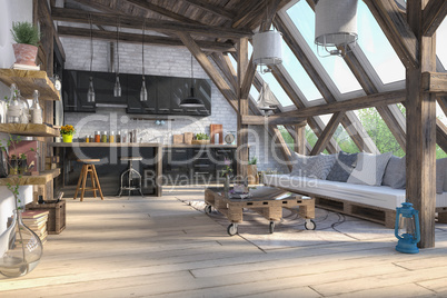 3d render - scandinavian flat - kitchen - dining room
