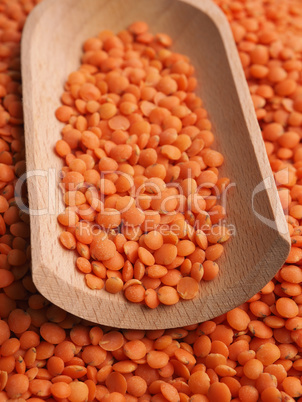 Organic red lentils on a wooden table