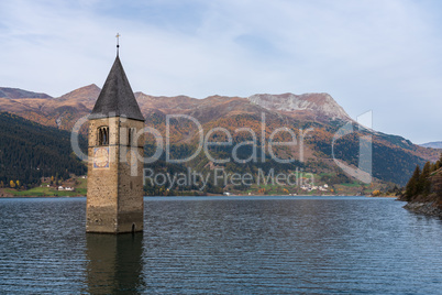 Church in the water at Lake Reschen in Tyrol in north Italy