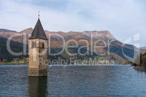 Church in the water at Lake Reschen in Tyrol in north Italy