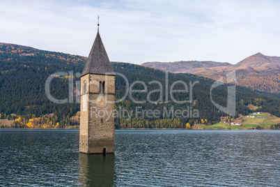 Church in the water at Lake Reschen in Tyrol in north Italy