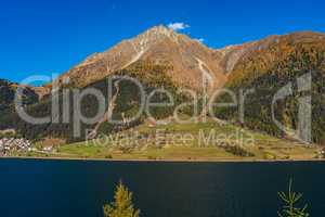Beautiful view to Lago di Resia, Lake Reschen, Alto Adige, South Tyrol, Italy